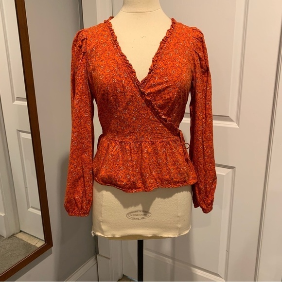 Universal Thread Burnt Orange Floral True Wrap Long Sleeved blouse top Medium - Picture 2 of 13
